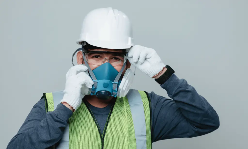 Trabalhador colocando máscara respiratória.