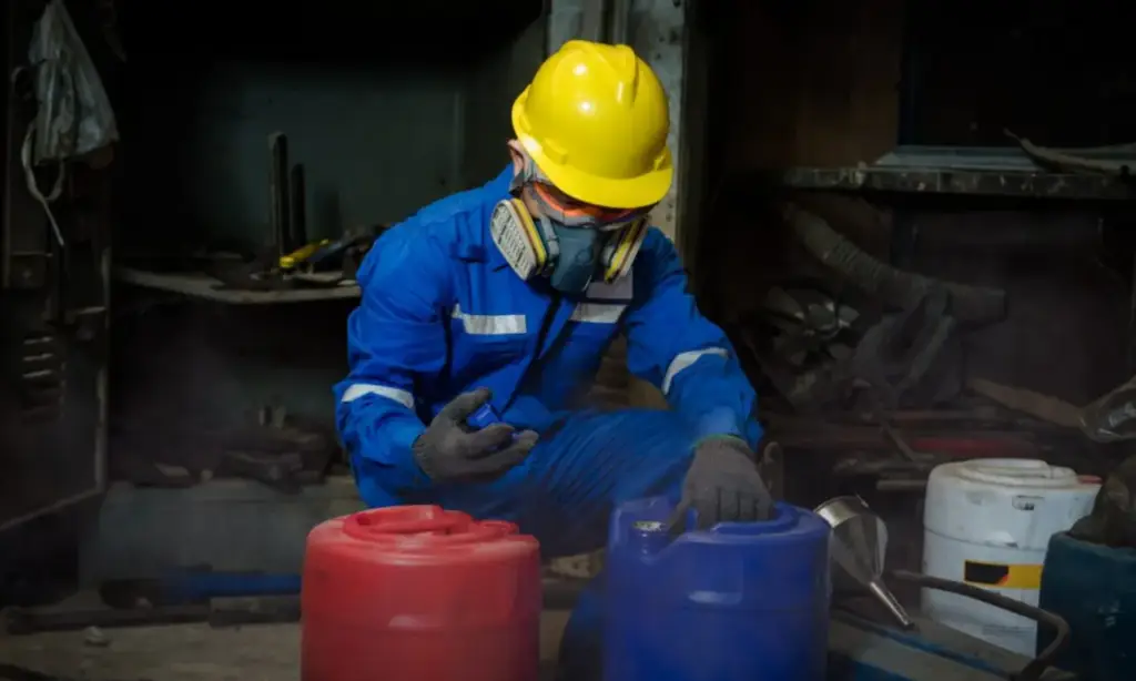 Trabalhador manipulando galão de produtos químicos na indústria