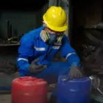 Trabalhador manipulando galão de produtos químicos na indústria