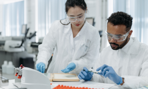 Trabalhadores realizando compliance químico em laboratório na indústria