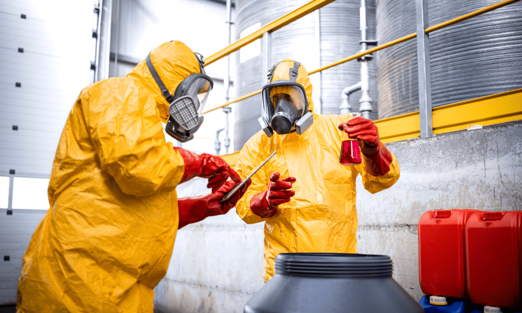 Trabalhadores verificando documentos de segurança química FDS e FDSR na indústria