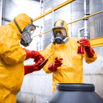Trabalhadores verificando documentos de segurança química FDS e FDSR na indústria