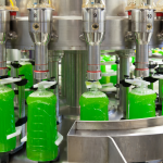 Produtos químicos saneantes sendo produzidos em indústria química
