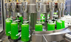 Produtos químicos saneantes sendo produzidos em indústria química