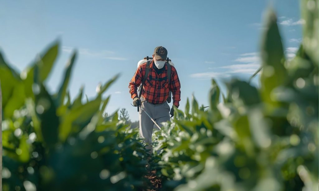 Homem com um bioinsumo agrícola na cultura de soja