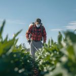 Homem com um bioinsumo agrícola na cultura de soja