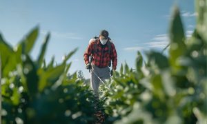 Homem com um bioinsumo agrícola na cultura de soja
