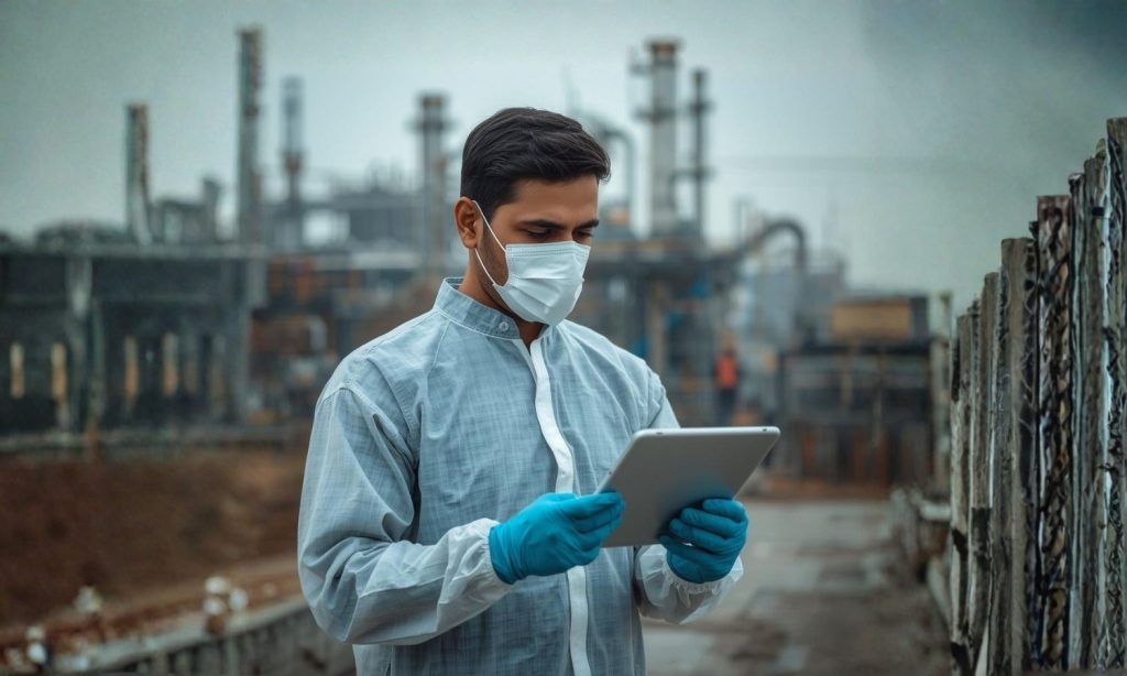 Funcionario com tablet avaliando conformidade da SDS após o OSHA estender prazos do HazCom 2024