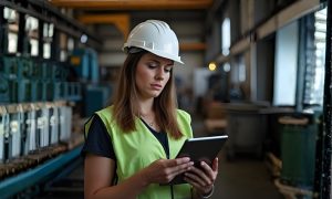 Mulher checando as normas regulamentadoras na industria quimica