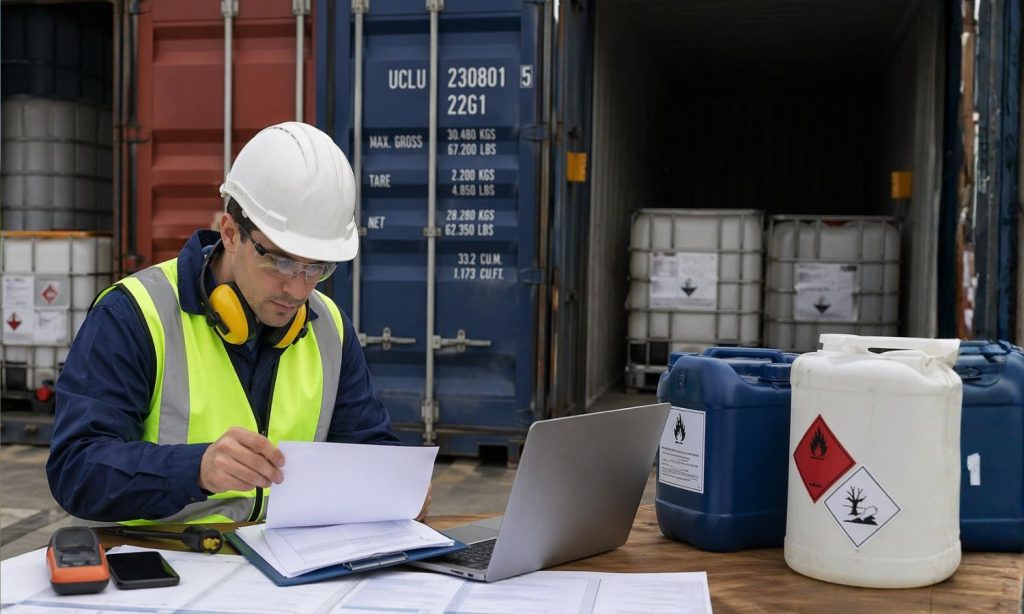 Trabalhador no porto, conferindo documentos para a exportação de produtos químicos