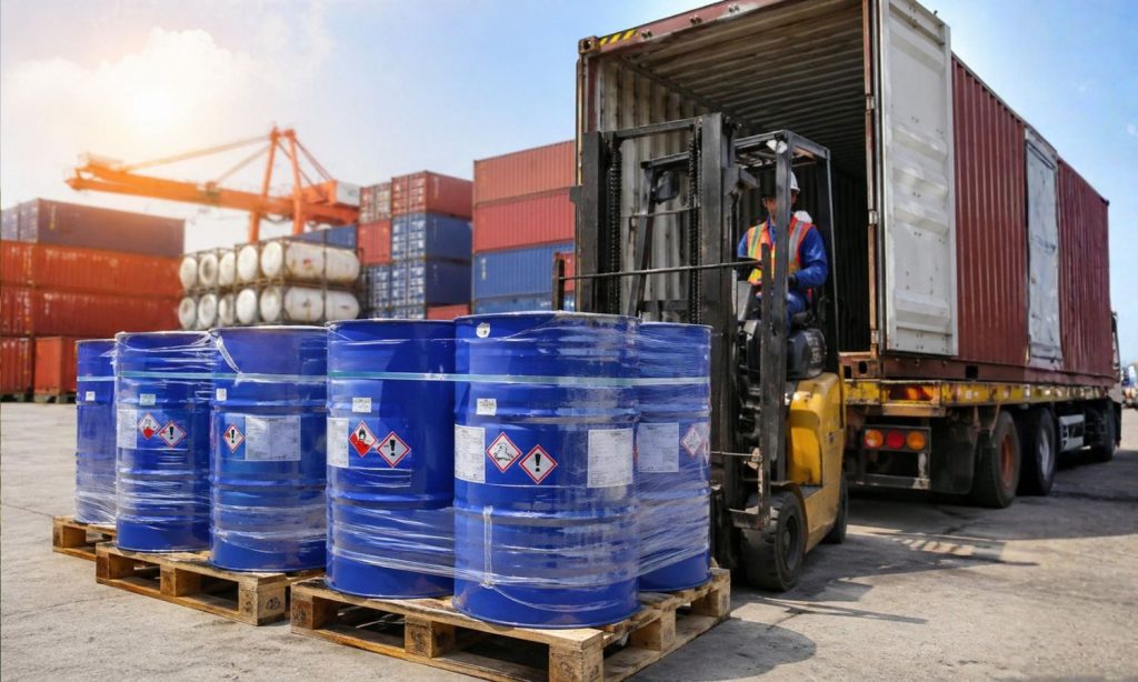 Homem abastecendo um caminhão para a importação de produtos quimicos
