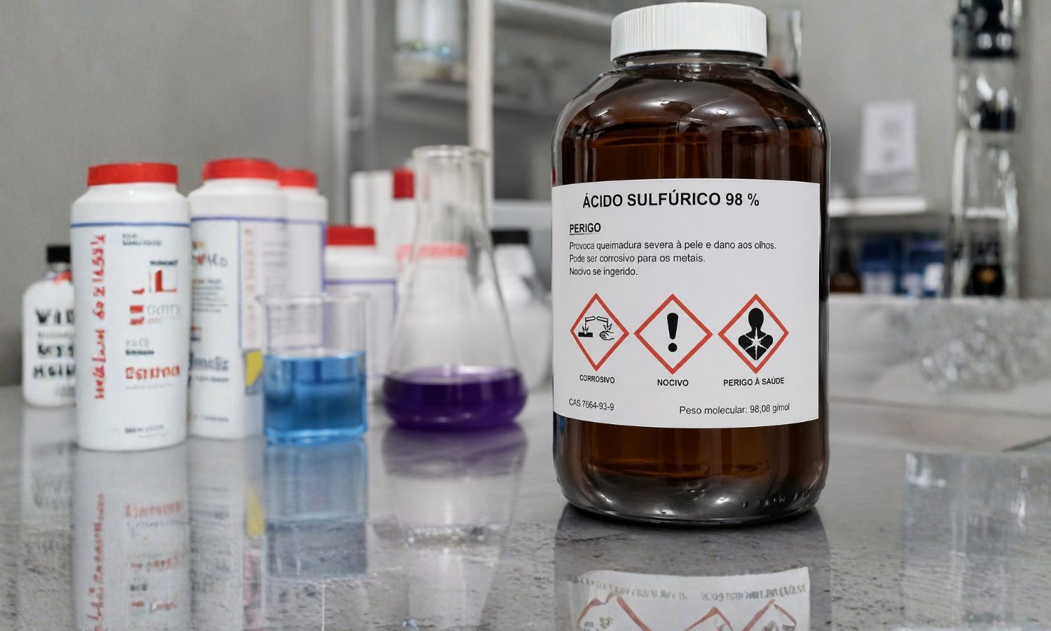Embalagem de ácido sulfúrico com classificação de perigo GHS e símbolos de risco