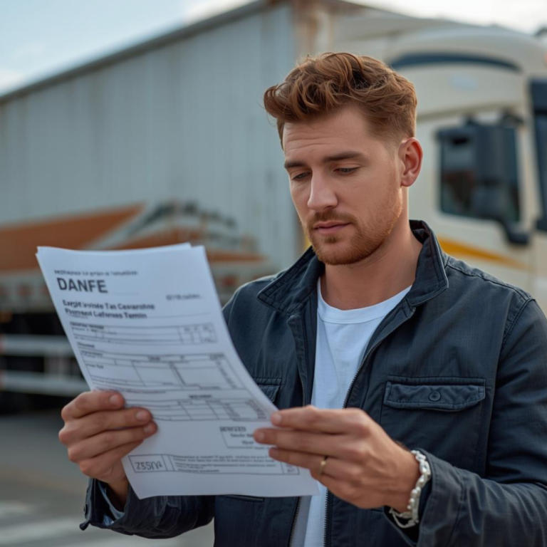 Homem checando a danfe no transporte de produtos perigosos