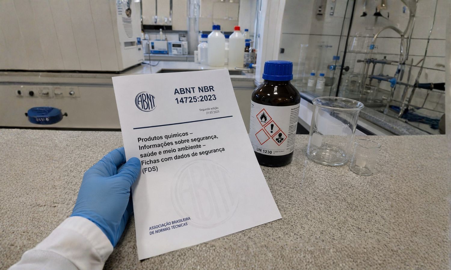 Norma de segurança ABNT NBR 14725:2023 em laboratório