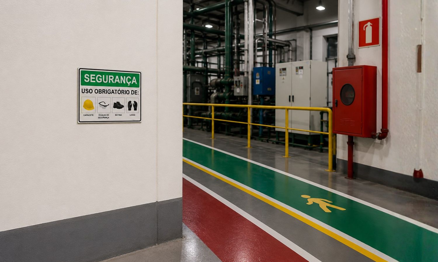 Corredor industrial com sinalização de segurança para nr 26