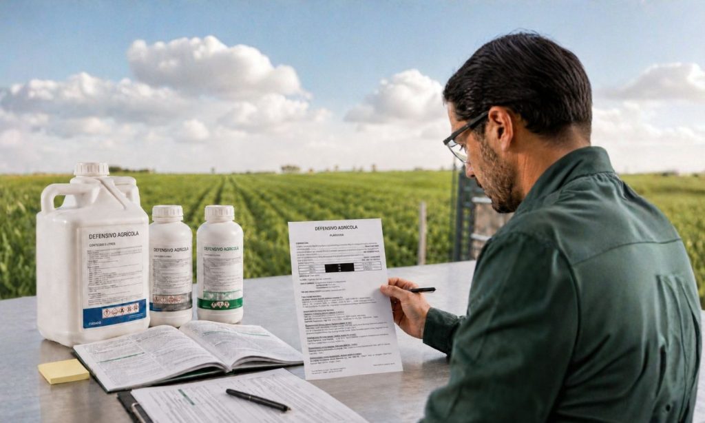 Engenheiro agrônomo checando os rótulos e Bulas de Defensivos Agrícolas no agronegócio