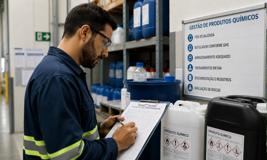 Homem realizando a gestão contínua para a conformidade de documentos de segurança química