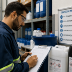 Homem realizando a gestão contínua para a conformidade de documentos de segurança química